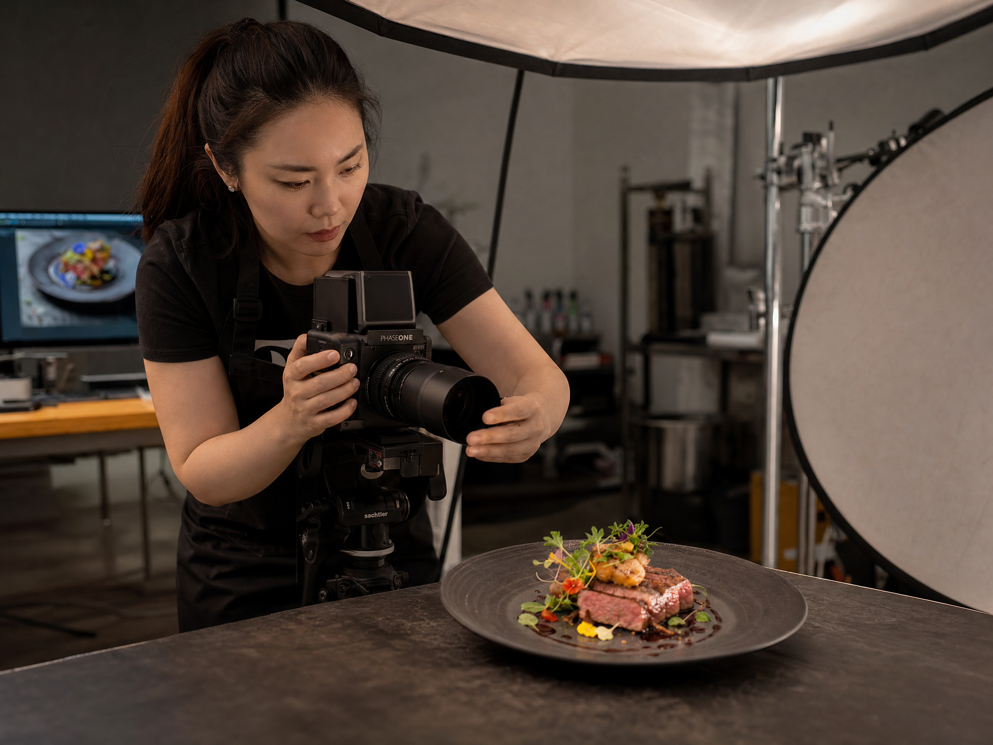 Food photographer composing a gourmet dish scene in a professional studio