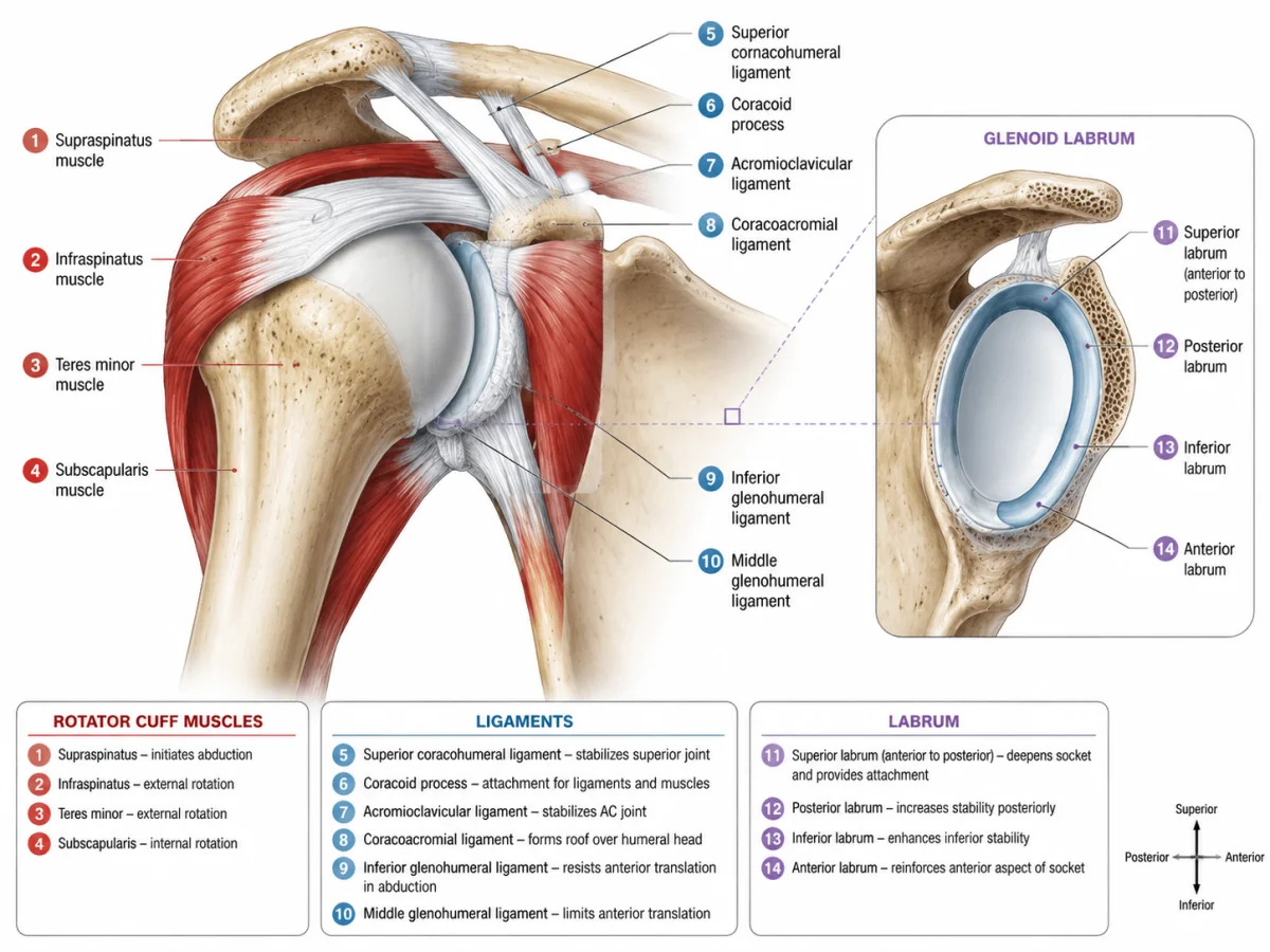 AI-generated labeled anatomy diagram of the human shoulder joint with numbered callouts for rotator cuff muscles
