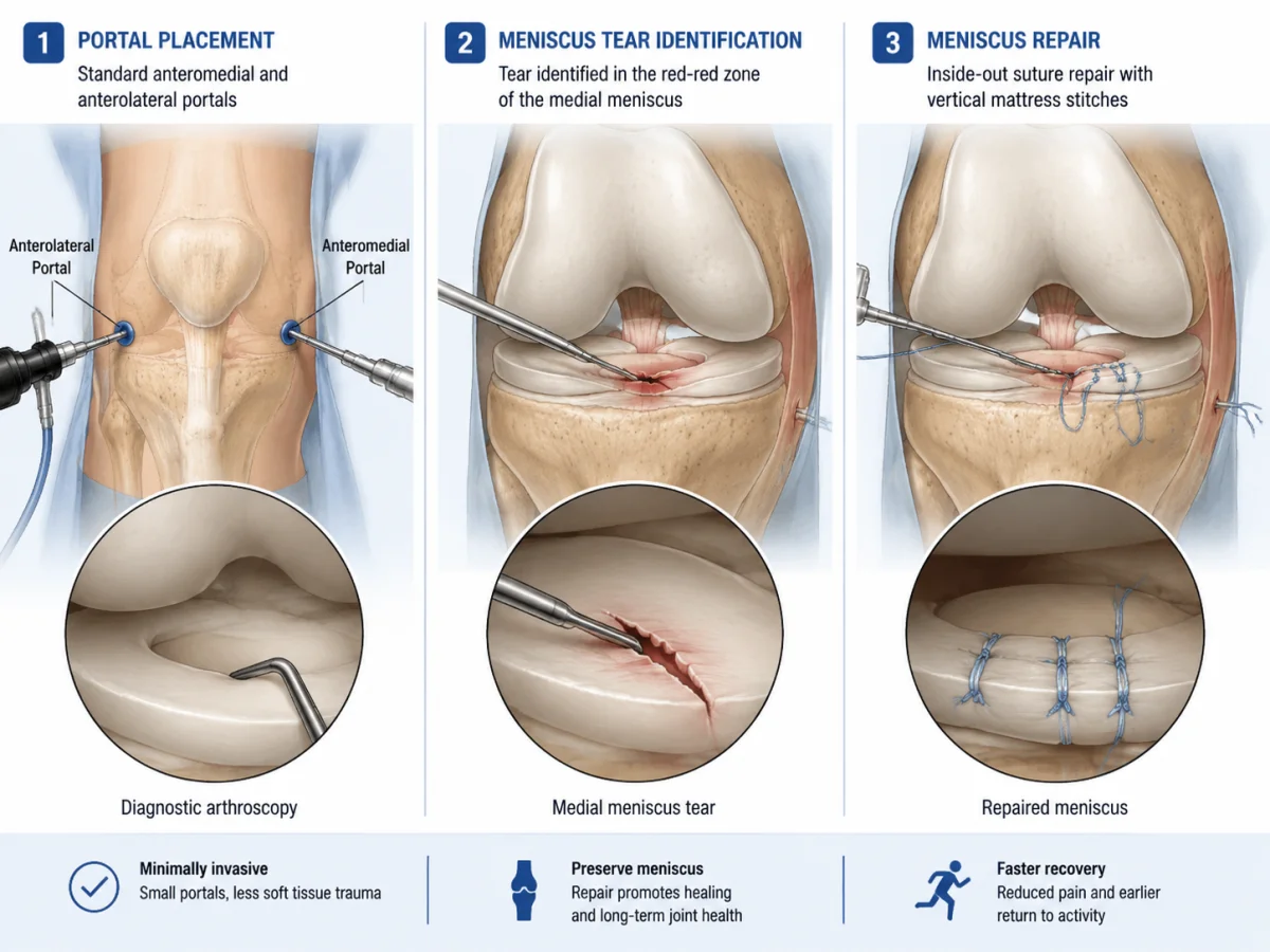 AI-generated step-by-step surgical illustration series showing three stages of a tendon repair procedure