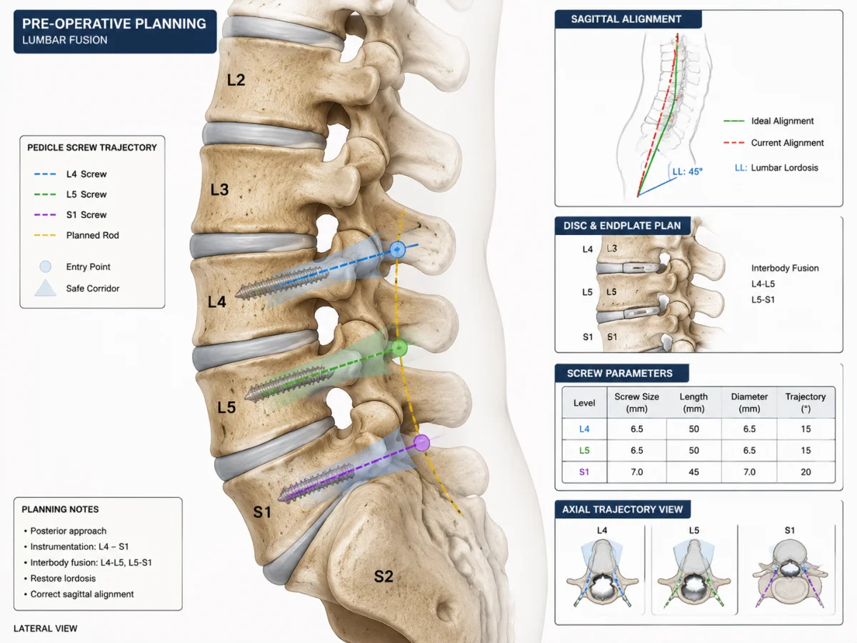 AI-generated pre-operative planning illustration for spinal fusion surgery showing screw trajectory and vertebral alignment